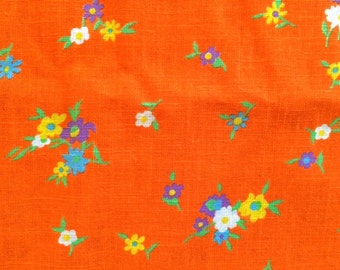Vintage 60s Bright Orange Daisy Flower Fabric Lime Green White Lavender Purple Floral Print Neon Hunter Orange Mid Century Cotton CBF