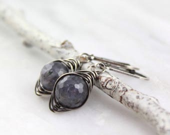 Iolite Wrapped Dangle Earrings Oxidized Silver