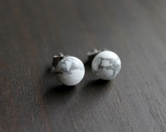 Howlite Stud Earrings, Surgical Steel Stud Earrings, Stainless Steel, Marble Earrings, Marble Studs, White Marble, White Turquoise, 8mm