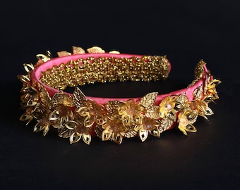 Pink Gold Beaded Headband Woman Tiara Flowers Headband, Headband for Women, , Floral Headband for Adults and Girls, wedding Accessories,