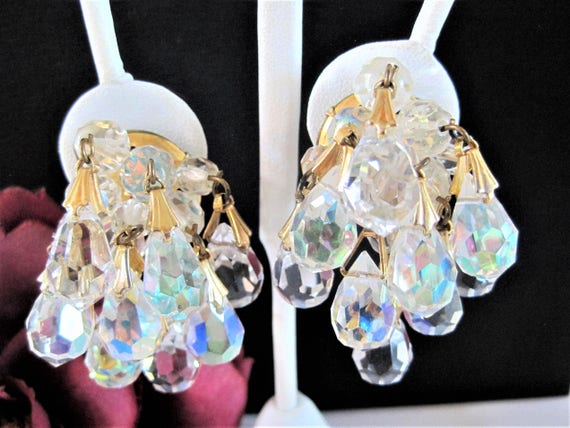 Crystal Cha Cha Earrings, Glass Faceted Crystals, Mid Century Clip Ons