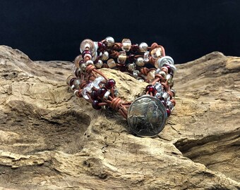 Leather and beads woven bracelet with Buffalo Nickle