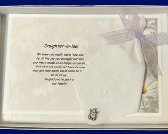 Our Daughter-in-law on Her Wedding Day Hanky & Angel Pin Set, Wedding Handkerchief, Daughter-in-law Gift, Gift for Bride, Wedding Day Gift