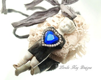 Blue Heart Frozen Charlotte Soldered Ornament Vintage Rhinestone Large Frozen Charlotte Doll