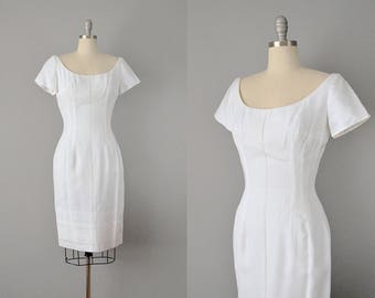 60s Dress // 1960’s Mr. Blackwell White Linen Embroidered Wiggle Dress // Small