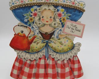 Vintage Hallmark Paper Doll Card Unused, Hallmark Land of Make Believe Dolls, No. 15 Polly Put the Kettle On Hallmark Collectors Paper Doll
