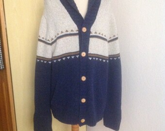 Dark Blue Cream Shawl Cardigan Wool Sweater Mens Large