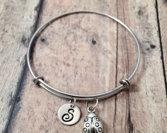 Ladybug initial bangle - ladybug jewelry, garden bracelet, insect jewelry, ladybird jewelry, gift for gardener, silver ladybug pendant