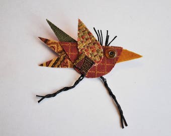 Riley the Bird Brooch, Rust color, Green, Recycled Fabric, Repurposed Textiles, Earth Tones, Whimsical, Pin, Michigan Made