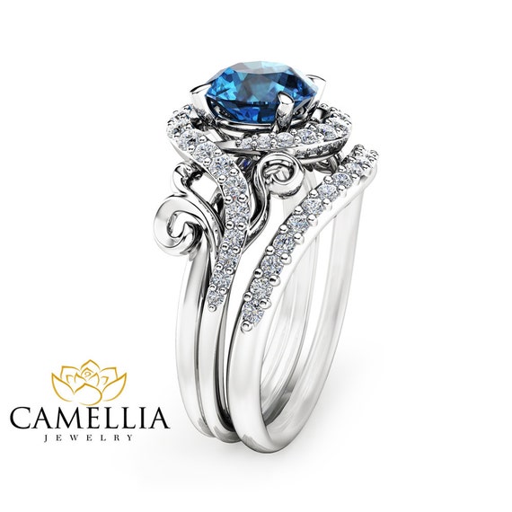 Blue Diamond Engagement Ring Set Unique 14K White Gold Ring