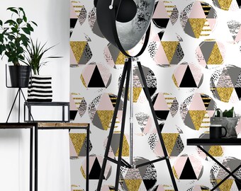 Removable Wallpaper Self Adhesive Wallpaper Gold and Gray Geometric Triangles Peel & Stick Wallpaper