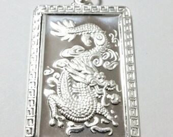 Chinese Zodiac Horoscope 999 fine Silver Rectangle Year of Dragon Pendant charm