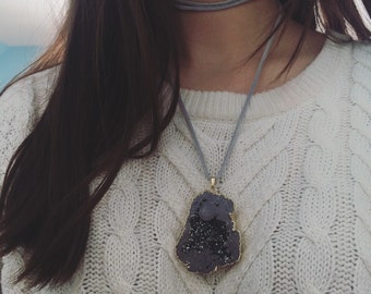 Suede wrap necklace with druzy pendant