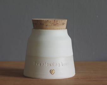custom urn, wide shape with quote and gold. human ashes urn or pet urn. bone white, porcelain. read item details before ordering