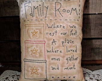Handmade Family Room Primitive Stitchery Pillow