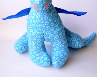 Stuffed Animal Dragon Toy 10" tall, 22" wide in Blue and White Spotted Flannel Fabric, Baby Friendly Toy for boys and girls
