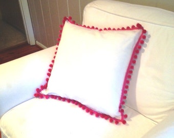 White Cotton Pillow Cover with Pink Magenta Pom Poms