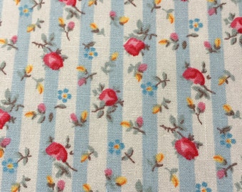 Very pretty light blue and pink floral striped fabric - Rose and Hubble 100% cotton poplin fabric UK