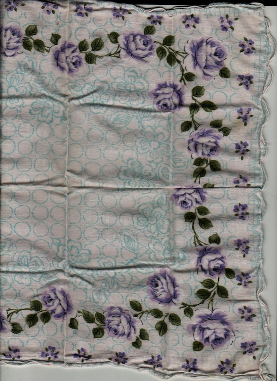 Purple and White Rose Handkerchief with Scalloped Border + Vintage Linens