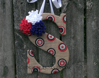 Patriotic Burlap Monogram Door Hanger, Summer Burlap Monogram Wreath, Fourth of July Burlap Monogram, Burlap Letter, Burlap Letter Wreath