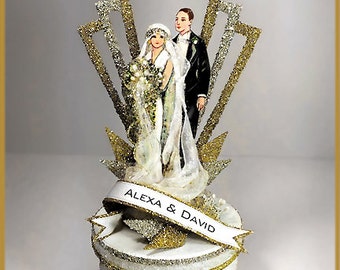 1920's "Art Deco" Great Gatsby Wedding Cake Topper, Keepsake Box