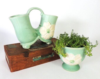 Weller Pottery Wild Rose Jardiniere and Double Vase Vintage 1930's