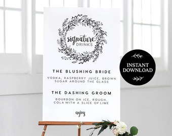 Signature Drink Sign INSTANT DOWNLOAD Editable PDF, Signature Drinks Printable, Wedding Reception Sign, Wedding Bar Sign - Audrey