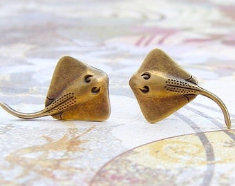 Stingray - antique brass finish post earrings, surgical steel earrings
