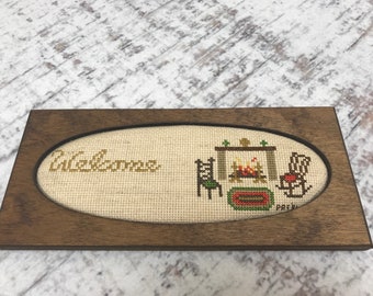 Vintage handmade Cross Stitched Welcome Sign Wooden 1970's Home Decor