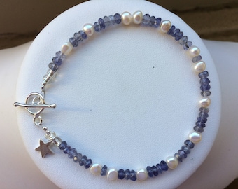 Bracelet — Faceted Iolite, Pale Grey Freshwater Pearls and Sterling Silver Star Charm