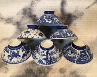 Set of 6 Blue and White Rice Bowls