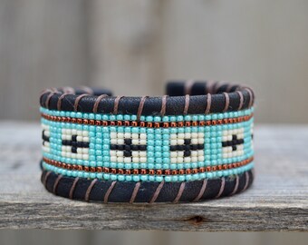 Seed Beaded Bracelet . Leather . Antique Button . South Western . Czech Glass Handmade .