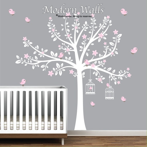 White Tree Decal with Pink Flowers-Bird Decals-Nursery Wall