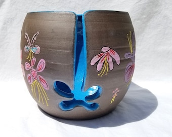 pottery yarn bowl, handmade wheel-thrown stoneware yarn bowl, black clay and blue glaze, poetry yarn bowl, for crochet or knit, flower bowl