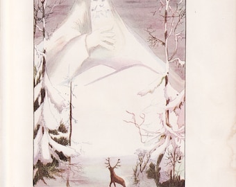 Antique Victorian Art Print-Book Plate-Lithograph-Fairies-Mid Winter Fairy Man-Artist Penny Ross-1914