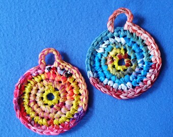 Two Multicolored Plarn Dish Scrubbies, recycled plastic bags, eco-friendly dish scrubby pot scrubber
