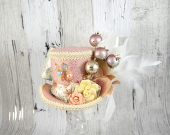 Pastel Pink, Blue, Cream, and Gold Flower Medium Mini Top Hat Fascinator, Alice in Wonderland, Mad Hatter Tea Party, Derby Hat