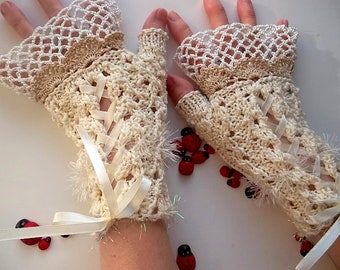 Crocheted Cotton Gloves L Ready To Ship Victorian Fingerless Summer Women Wedding Lace Evening Hand Knitted Party Opera Ivory Corset B61