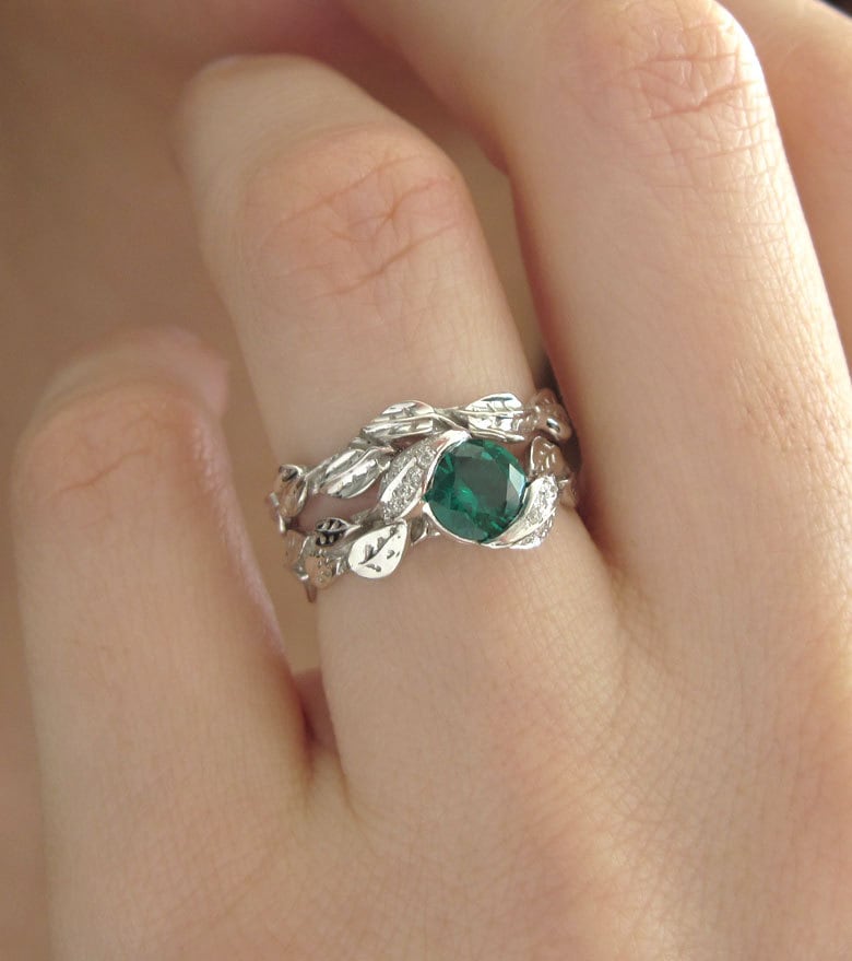 Leaf Wedding Set Leaf Engagement Ring Set Emerald Leaves