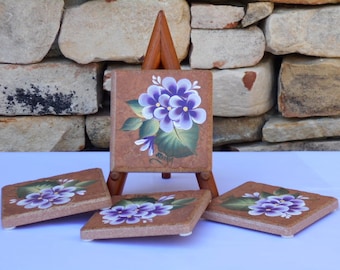 Hand Painted Tile Coasters with Purple Impatiences