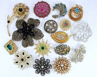 Instant Collection 16 Brooch Lot Wearable Vintage Rhinestone Brooches Flower Enamel Scatter Stage Theater Costume Jewelry Mosaic Hair Crafts