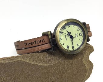 Women's Retro Freedom Watch, Brown Leather Strap, Birthday Gift