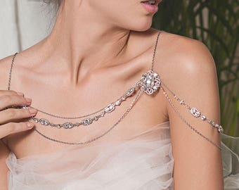 Silver Shoulder Jewelry, Bridal Shoulder Necklace, Crystal Shoulder Piece, Bridal Jewelry, Wedding Accessories, Art Deco Jewelry, NB025-S