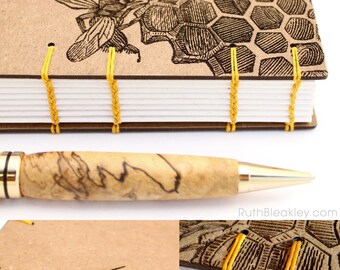 Honeybee Journal, Beekeeper Gift - Coptic Journal - Lay Flat Journal - Unlined Journal - 160 Pages - handmade by Ruth Bleakley