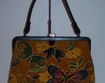Vintage Trapunto Black Tan Green Butterfly Quilted Velvet Purse Handbag Bag Butterflies