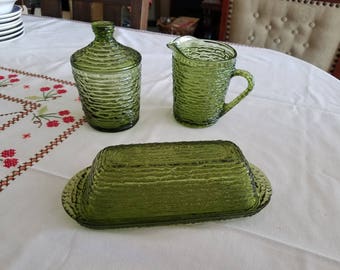 Vintage Avocado Creamer, Sugar Bowl w/Lid, Covered Butter Dish in Soreno Pattern by Anchor Hocking