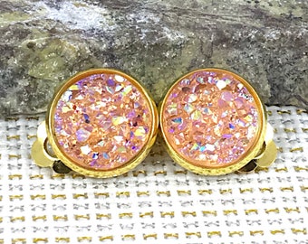 Peach Druzy Clip On Earrings - Druzy - Clip On Earring- Peach Earrings - Non Pierced Earrings - Clip Ons - Druzy Clip On - Druzy Jewelry