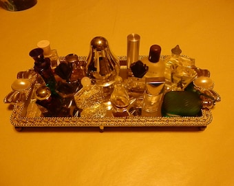 Vintage glass tray with Pearl like decor. and minin bottles of prefumes