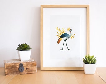 Bird art print, bird wall art, bird wall decor, bird print, bird art, bird lover gift, african crane, exotic bird, bird watercolor