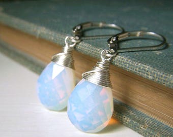 Opalite Earrings Sterling Silver Leverback, Briolette Earrings, Blue Opal Glass Teardrop Dangle, Sea Glass Earrings, High Quality Opalite
